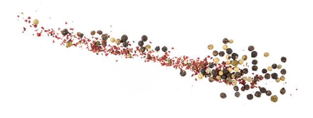 Black, Green, White, and Pink pepper seeds, pile of aromatic peppercorn spice, dried cooking spicy ingredients, graphic element isolated on a transparent background