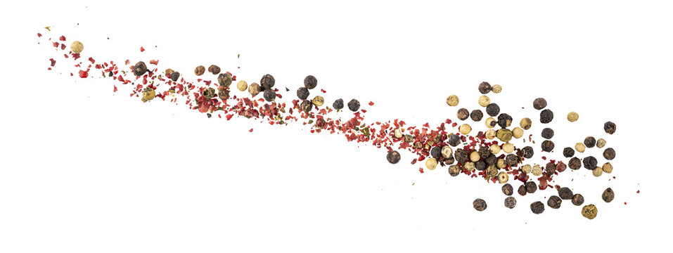 Black, Green, White, and Pink pepper seeds, pile of aromatic peppercorn spice, dried cooking spicy ingredients, graphic element isolated on a transparent background