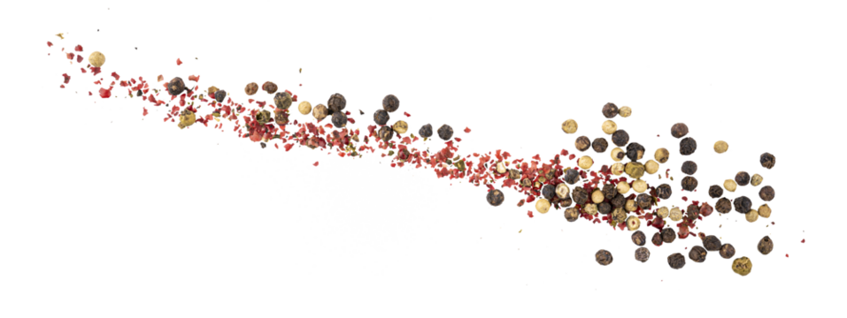 Black, Green, White, and Pink pepper seeds, pile of aromatic peppercorn spice, dried cooking spicy ingredients, graphic element isolated on a transparent background