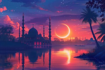 Dreamlike Mosque at Twilight with Crescent Moon and Starry Sky