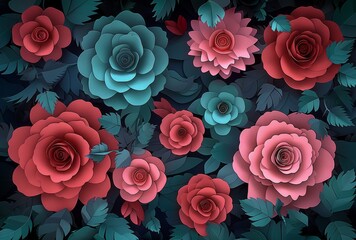 Stylized paper-cut floral design featuring red and teal roses on a dark background