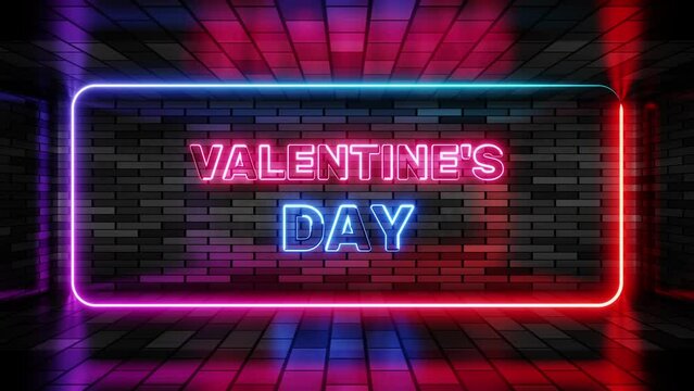 Neon sign valentine day in speech bubble frame on brick wall background 3d render. Light banner on wall background. Valentine day loop lovers holiday, design template, neon signboard