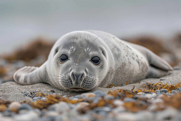 Grey seal pup lying on the beach