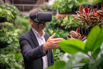 Naklejka na ściany i meble Smiling businessman wearing virtual reality simulator gesturing in front of plants.