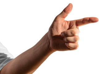 Human hand gesturing to touch or press with index finger, isolated on a white background. Connectivity concept