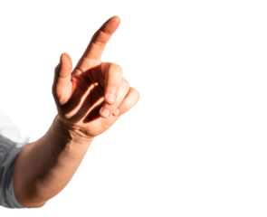 Human hand with glowing index finger pointing, isolated on white background. Futuristic concept