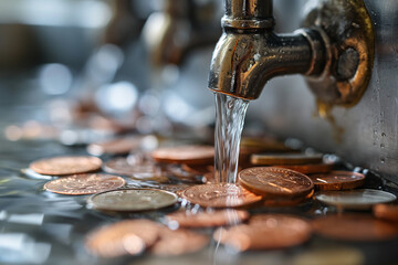 Water flows from the tap, coins lie below. - obrazy, fototapety, plakaty