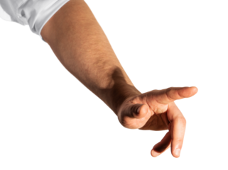 Human hand with index finger extended, ready to press or touch, on white background. Accessibility concept