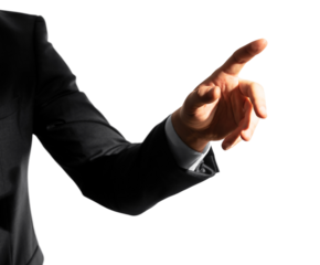 Man's hand in a suit about to press an invisible button. Initiative concept