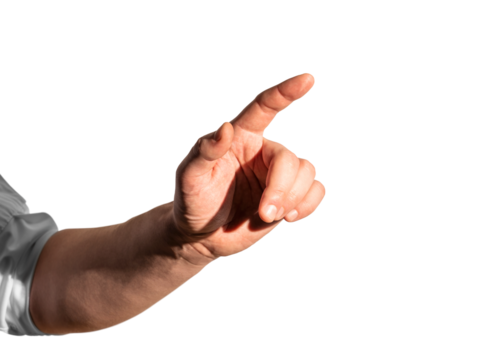Human hand pointing with index finger, clear focus, isolated on white background. Interactive concept