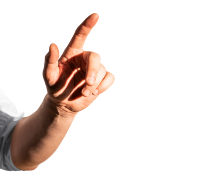 Human hand with glowing index finger pointing, isolated on white background. Futuristic concept