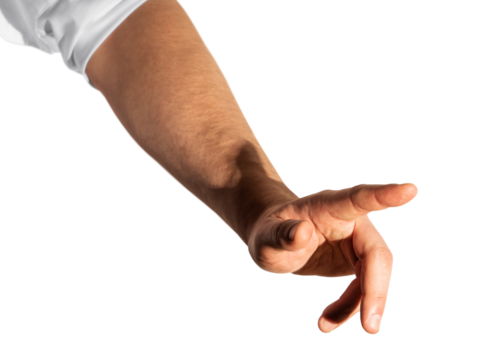 Human hand with index finger extended, ready to press or touch, on white background. Accessibility concept