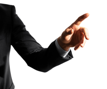 Man's hand in a suit about to press an invisible button. Initiative concept