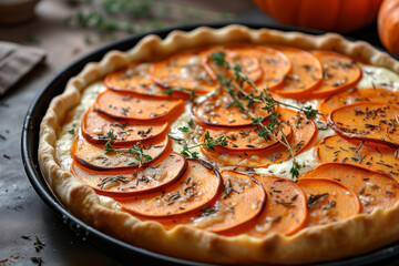 Tarte Flambee with soft goat cheese- pumpkin slices and fresh thyme.