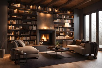 Bookshelf, fireplace