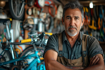 Fototapeta na wymiar Bicycle mechanic in his repair shop.