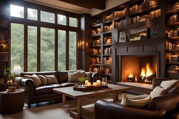 Bookshelf, fireplace