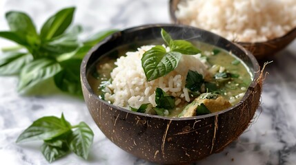 A steaming bowl of fragrant Thai green curry served in a coconut shell bowl, with jasmine rice on...