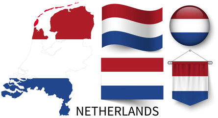 The various patterns of the Netherlands national flags and the map of Netherlands's borders - obrazy, fototapety, plakaty
