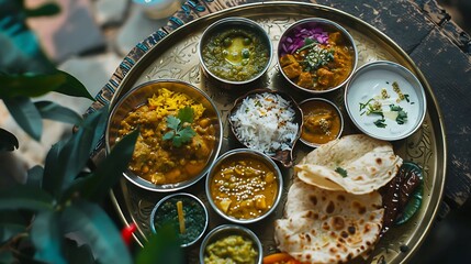 A traditional Indian thali served on a brass plate, featuring a variety of curries, dals, chutneys, and roti
