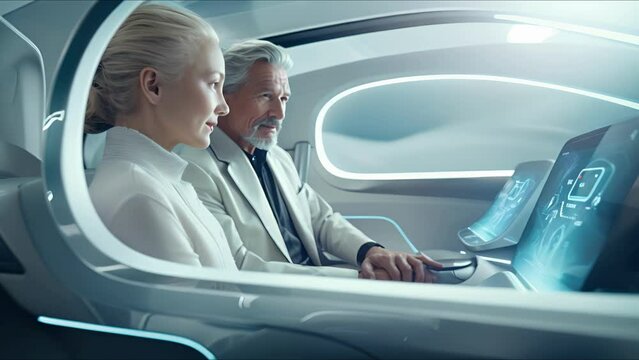 Couple in self-driving car controlled by an artificial intelligence autopilot. Concept of future technologies, internet of things and smart devices.