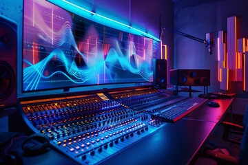 Professional recording studio equipment in a blue virtual environment which includes meta data machine learning, computer, stock illustration image