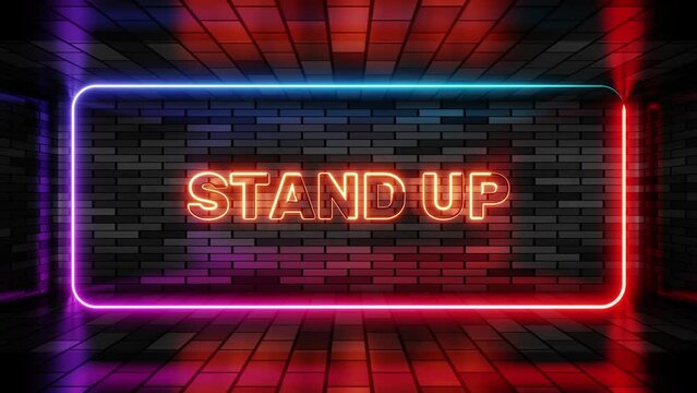 Neon sign stand up in speech bubble frame on brick wall background 3d render. Light banner on the wall background. Stand up loop open mic show, design template, night neon signboard