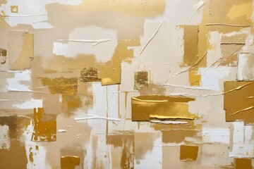 Closeup of abstract painting. Gold and white color combinations texture background. Visible oil, acrylic brushstroke, pallet knife paint on canvas. Contemporary art painting.