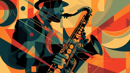 Fotobehang Afro-American male jazz musician saxophonist playing a saxophone in an abstract cubist style painting for a poster or flyer, stock illustration image © Tony Baggett