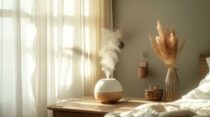 An air humidifier stands on the nightstand in a minimalist stylish bedroom in warm natural beige and grey tones. Healthy, clean air, harmony, humidified air in the apartment