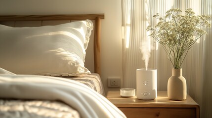 An air humidifier stands on the nightstand in a minimalist stylish light bedroom in warm natural...
