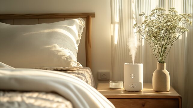 An air humidifier stands on the nightstand in a minimalist stylish light bedroom in warm natural beige tones. Healthy, clean, humidified air in the apartment