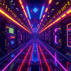 Retro-futuristic arcade universe with neon pathways leading to different realms of pixelated wonder.