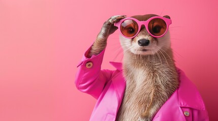 Fashionable stylish otter in pink sunglasses and a pink raincoat on a pink background. spring look, spring sales, seasonal discounts - obrazy, fototapety, plakaty