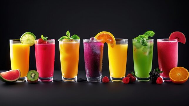illustration of smoothies and juices made from a variety of fresh fruits from the tropics. Clean eating, a healthy diet, and vitamin infused beverages are concepts