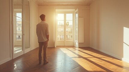 A man is standing in an empty new apartment without renovation. buying a dream apartment, renovation, mortgages and loans, real estate agency - Powered by Adobe
