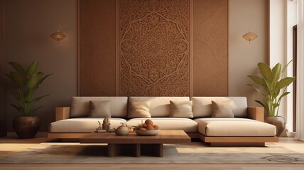 Fototapeta na wymiar A modern lounge area with a comfortable sofa, a minimalist table, and a wall adorned with intricate patterns, creating a visually captivating ambiance.