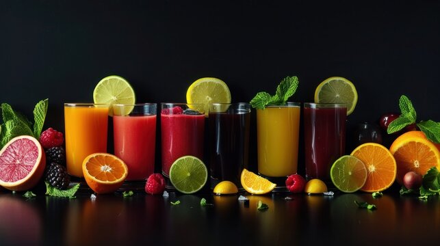 illustration of smoothies and juices made from a variety of fresh fruits from the tropics. Clean eating, a healthy diet, and vitamin infused beverages are concepts