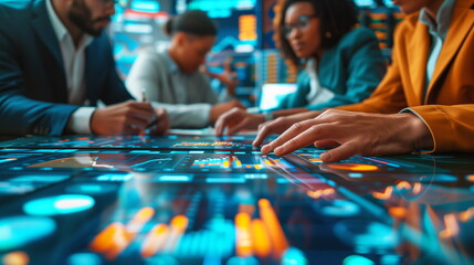 Professionals working together on a futuristic interactive digital table with glowing graphs and data.