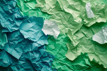 Abstract crumpled paper background with green and blue elements, textured colorful backdrop for...