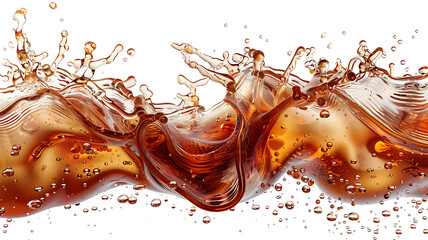 cascading liquid brown soda or tea splash frozen in an abstract futuristic 3d texture isolated on a transparent background - obrazy, fototapety, plakaty