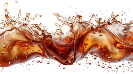 Keuken spatwand met foto cascading liquid brown soda or tea splash frozen in an abstract futuristic 3d texture isolated on a transparent background © Rana