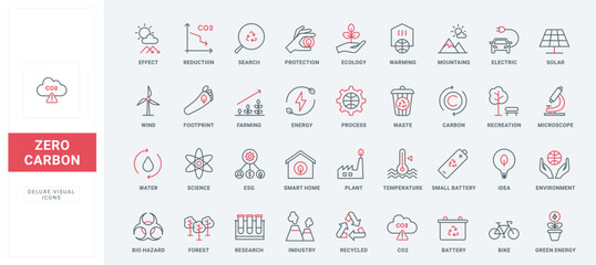 Zero carbon technology line icons set. Smart search for ideas and research on energy production with reduction of CO2 emissions into environment thin black and red symbols vector illustration