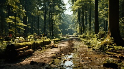 Obraz premium A road in the woods with the sun shining UHD WALLPAPER