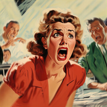 Naklejki Vintage 1950s inspired illustration featuring a shocked woman screaming, showcasing classic propaganda art.