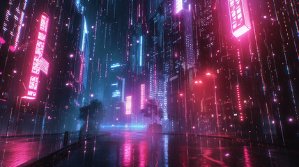Streams of illuminated code falling from the sky like neon raindrops in a surreal cyber rainstorm