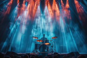 Drummer in Silhouette Under Stage Lights at a Live Concert