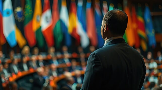 Male Politician Delivering a Speech at an International Conference