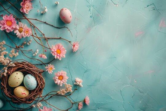 Happy Easter day decoration, colorful eggs in nest on a blue background.