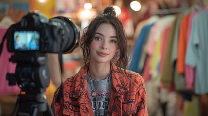 Obraz premium Female Vlogger Recording a Fashion Segment in a Clothing Store